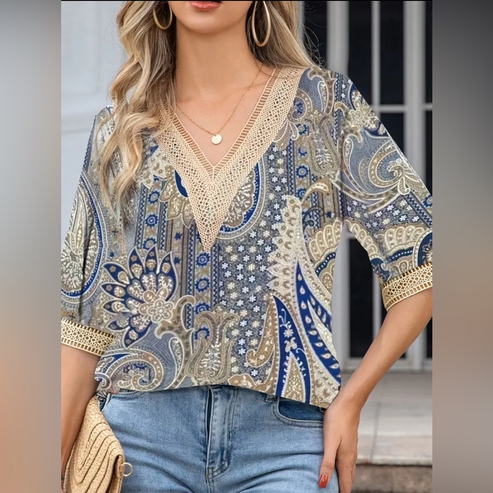 Paisley V-Neck Top - Blue and Beige